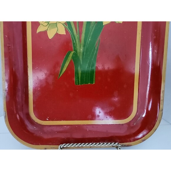 Vintage Red Metal Tray Mustard Yellow Daffodils Green Leaves 14" x 9" - Picture 9 of 12